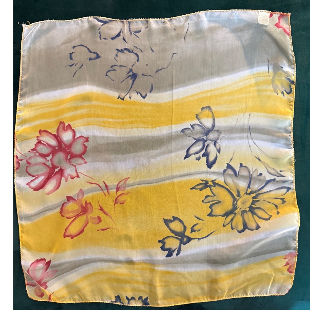 Vintage Floral Sheer Scarf Yellow Grey Pink Square Neck Head Wrap Korea